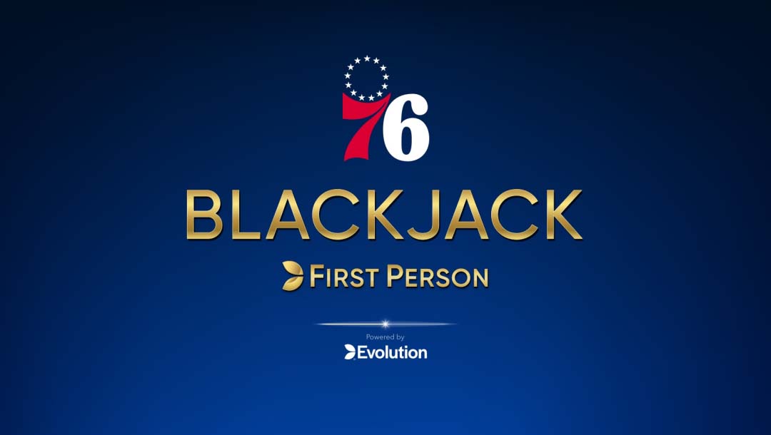 Philadelphia 76ers First Person Blackjack online casino game logo, on a blue logo.