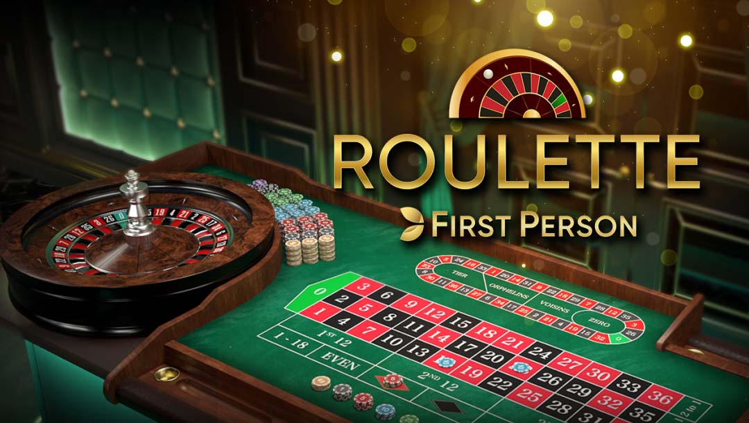 The title screen for First Person Roulette. The game’s intricately rendered 3D roulette table is visible in the background behind the game’s title.