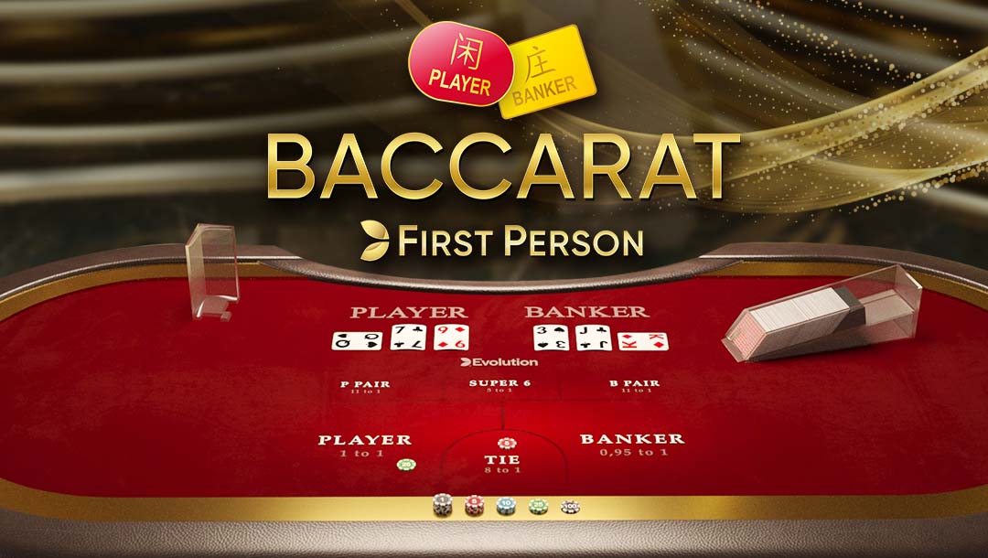 The title screen for First Person Baccarat, the live dealer baccarat game by Evolution; Game title appears over a red baccarat table.