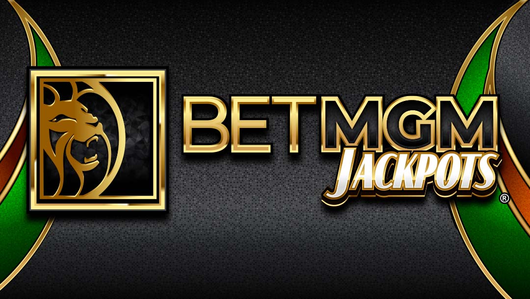 The title screen for BetMGM Jackpots, featuring the game logo framed by green and red patterns, all with gold outlines on a dark background.