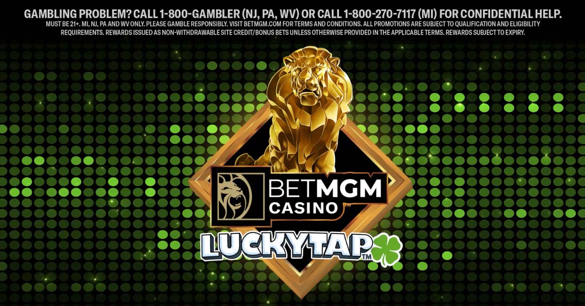 The title screen for BetMGM Lion’s Gold. The background is an array of green LED lights at various brightness levels. In the foreground is the BetMGM Casino logo with the golden lion and the LuckyTap branding.
