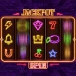 Illustration of a slot game, with reels spinning, and neon slot symbols. The word “Jackpot” is above the reels, and the word “Spin” is below the reels. It’s set against a 3D-textured purple background.
