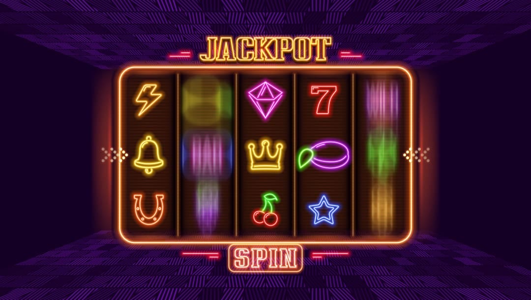 Illustration of a slot game, with reels spinning, and neon slot symbols. The word “Jackpot” is above the reels, and the word “Spin” is below the reels. It’s set against a 3D-textured purple background.