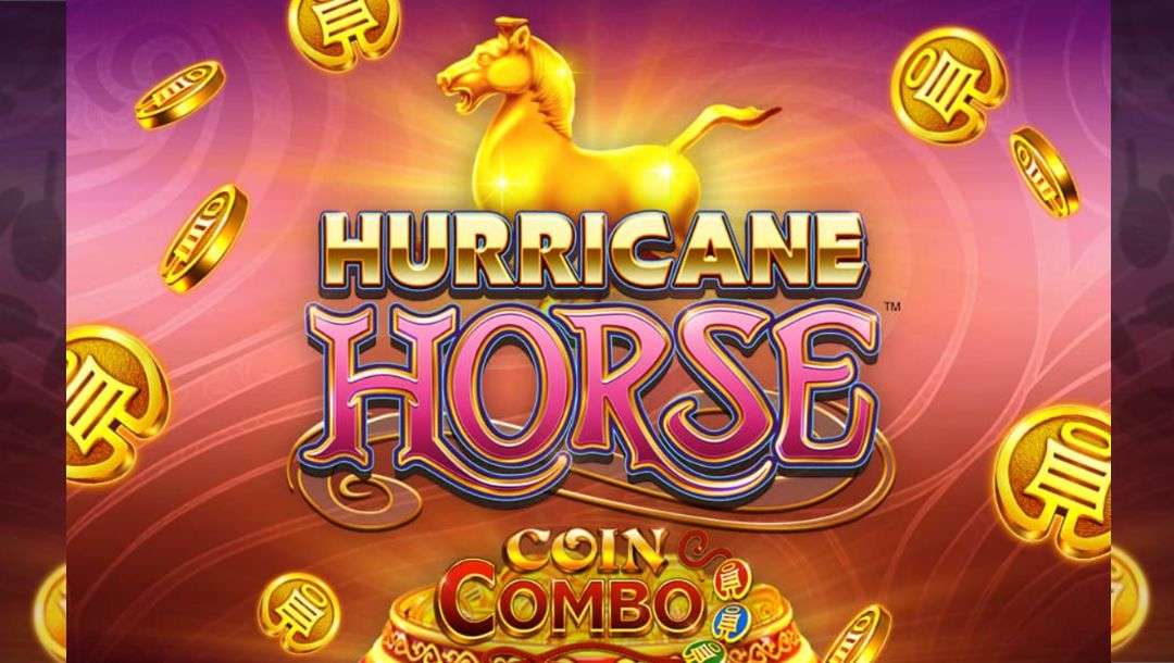 The title screen for Hurricane Horse Coin Combo, featuring a Golden Horse statue behind the game logo with a pot of gold coins at the bottom of the image and eight gold coins scattered around the background.