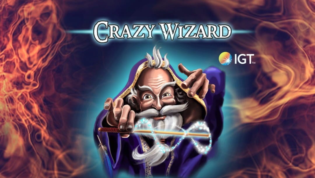 A screenshot of the Crazy Wizard title screen. A wizard surrounded by a blue aura holds a wand while gesturing forward. There are bright orange flames around him.