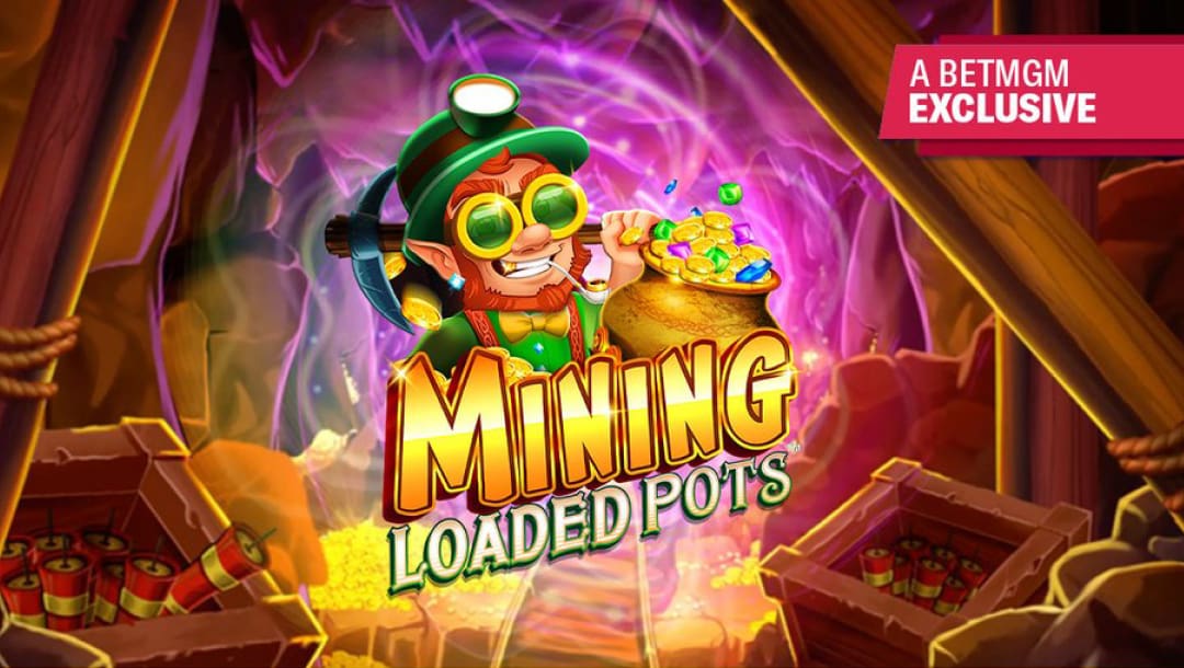Mining Loaded Pots online slot logo in yellow with a leprechaun and pot of gold above it. The background shows a mine with dynamite explosives.