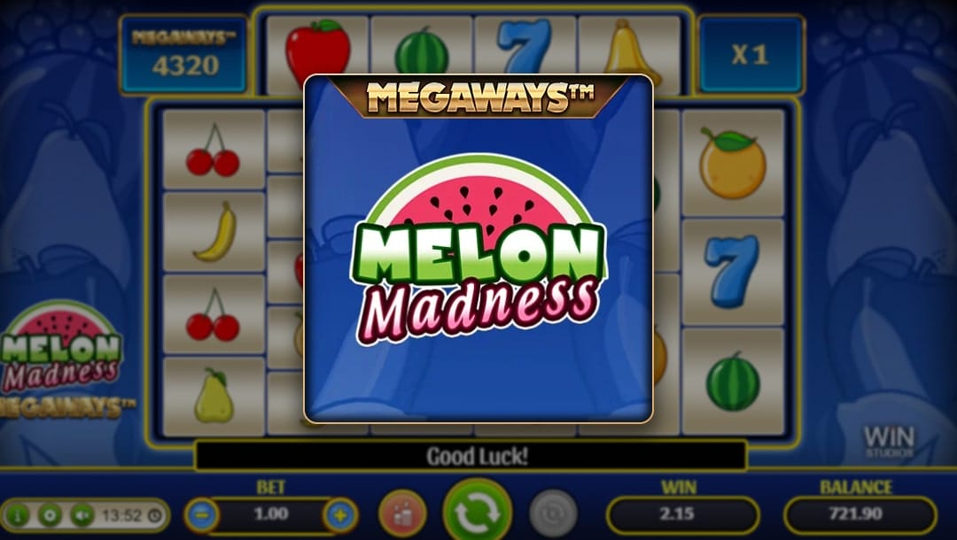 A screenshot of the Melon Madness title screen screen. The backdrop is a simple blue background with silhouettes of the different fruits, as well as the game reel. In the foreground is the game’s title and the Megaways branding.