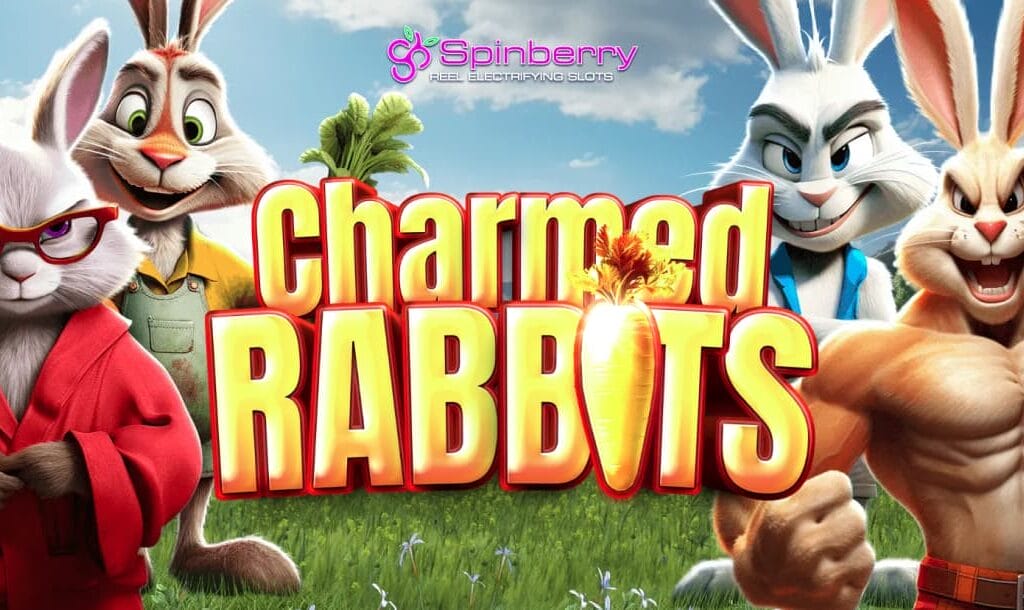Charmed Rabbits online slot game loading screen, featuring the game logo, and four bunny characters in a field.