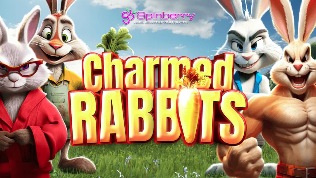 Charmed Rabbits online slot game loading screen, featuring the game logo, and four bunny characters in a field.