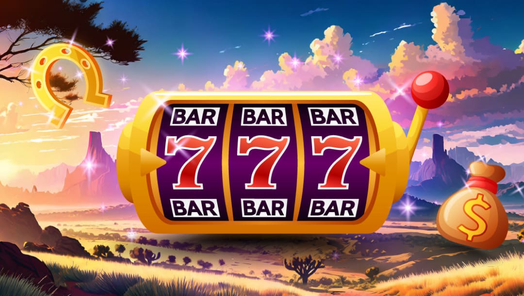 A country-themed slot concept image featuring a cartoon-style three-reel slot, a horseshoe, and a bag of money on desert mountains in the background.