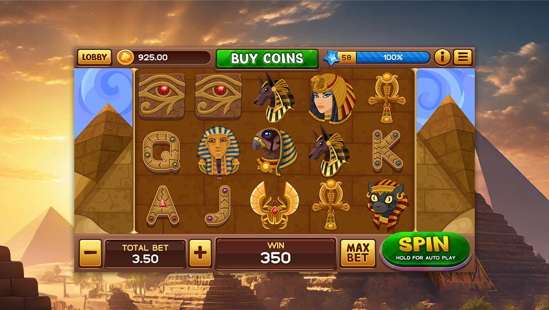 Screenshot of an Egyptian themed online slot game, featuring Anubis, Horus, King Tutankhamun’s mask, the Eye of Horus, a gold scarab, and an Egyptian Queen as slot symbols, with the Pyramids in the background.