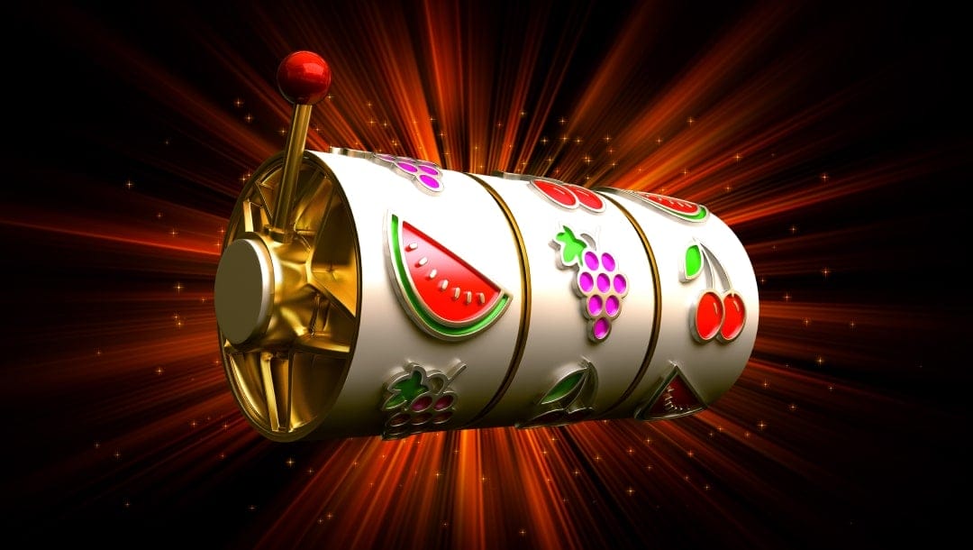 A 3D rendering of a golden fruits slot reel on a red background.
