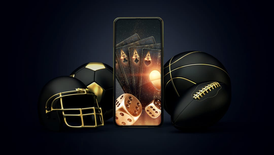 A smartphone with playing cards and dice on it. The image contains a football, basketball, soccer ball, and helmet against a black background.