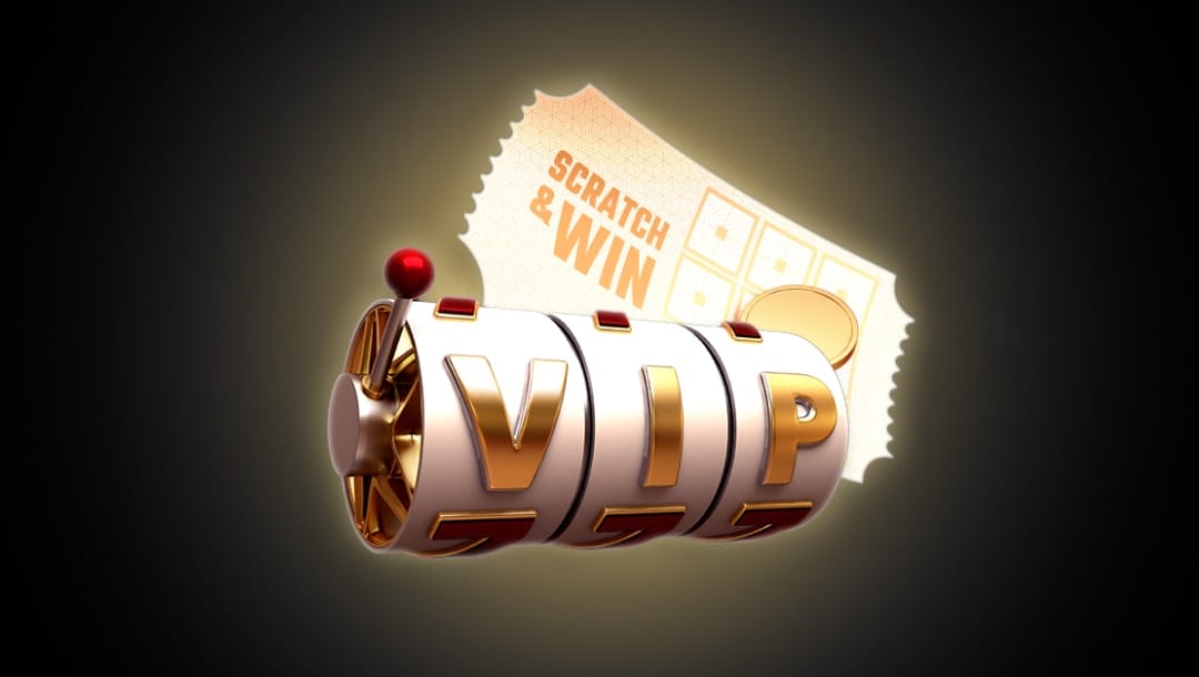 A white slot reel with the gold letters “V I P” on it. Behind the reel, there is a scratch-and-win ticket with a gold coin. The two objects are against a dark mustard background.