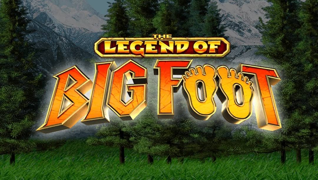 A screenshot of the title screen for The Legend of Big Foot. The background is a forest with snowy mountains behind them. The title “The Legend of Big Foot” uses a bold font with bright yellow, orange, and red colors.