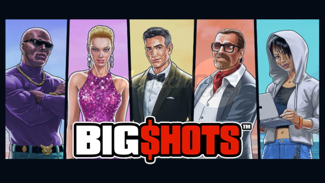 Big Shots online slot logo in white and red. The background contains five cartoon characters across different colored backgrounds.