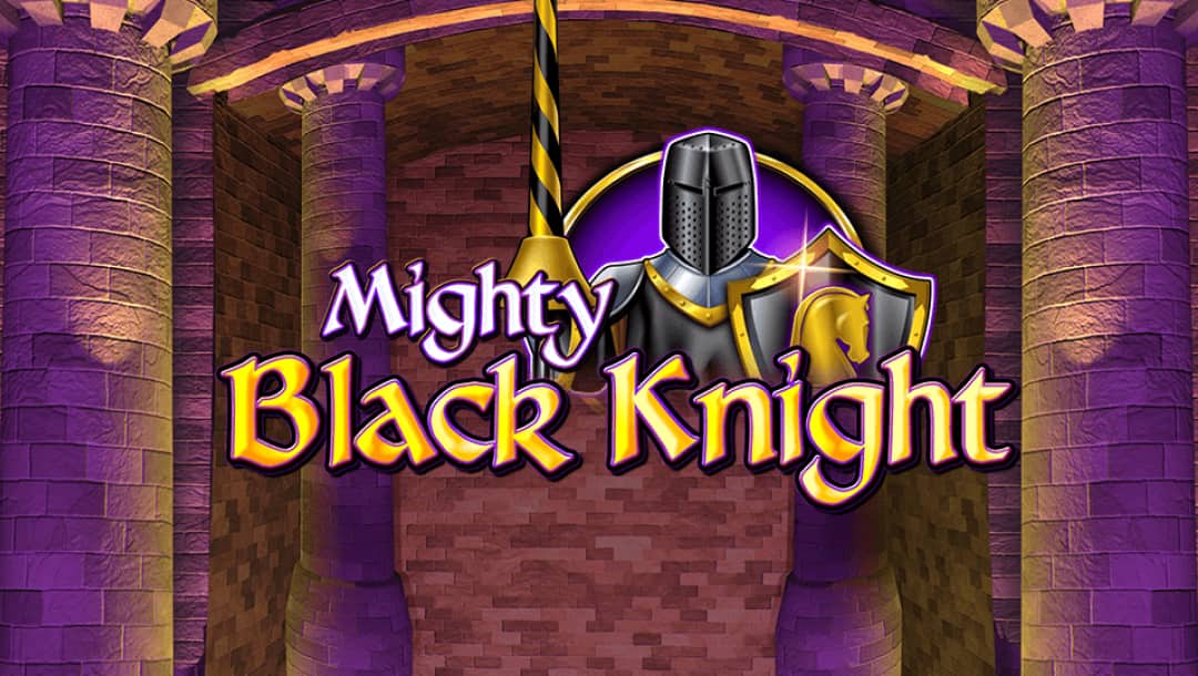 A screenshot of the Mighty Black Knight title screen. The backdrop is the walls of a castle lit in purple and yellow hues. The game’s title “Mighty Black Knight” uses a classic font and has the image of a knight in black armor with a shield and lance next to it.