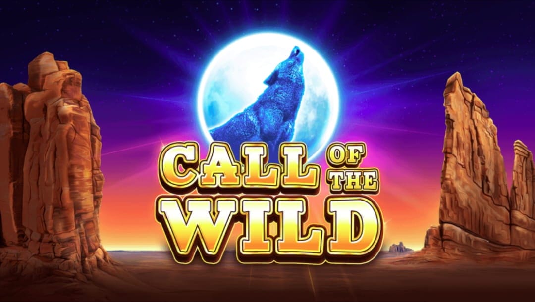 The Call of the Wild logo in gold with a silver moon and howling wolf in the background. The logo is framed by high mountainous rocks.