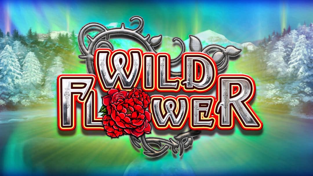 A screenshot of the Wild Flower title screen. There is a snow-covered forest in the background and what looks like northern lights in the sky. The game’s title is written in a silver font with thorny vines around it and a bright red flower where the letter “O” would be in the word “flower.”