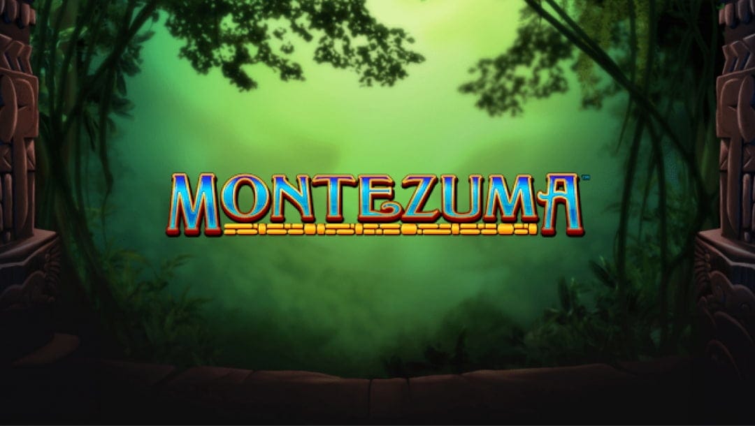 A screenshot of the Montezuma slot title. The game’s title is set in blue with a yellow and red outline against a jungle backdrop, with the pillars of an Aztec building on the left and right.
