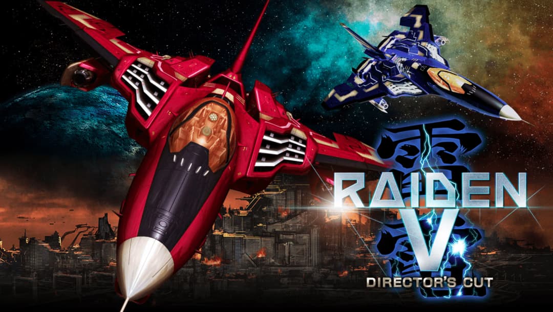 Raiden online slot with a red, gold and black and black, beige, and blue spacecraft flying over an industrial city. The logo is in silver with Japanese characters in blue and black behind the silver logo.