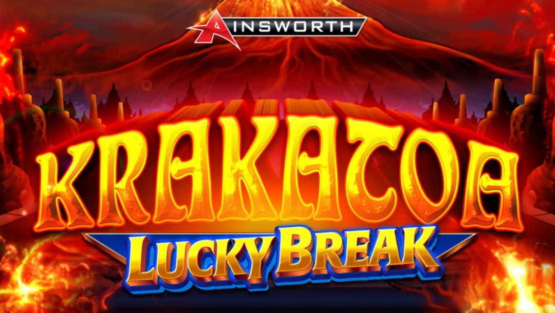 Krakatoa Lucky Break online slot logo in fiery orange, yellow and blue. The background shows a huge volcano with lava at the bottom of the screen.