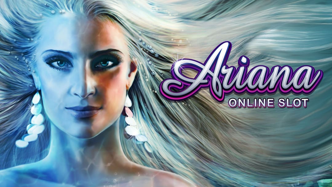 Ariana online slot logo in silver and purple. A mermaid with long platinum blonde hair stares boldly with a grin on her face.