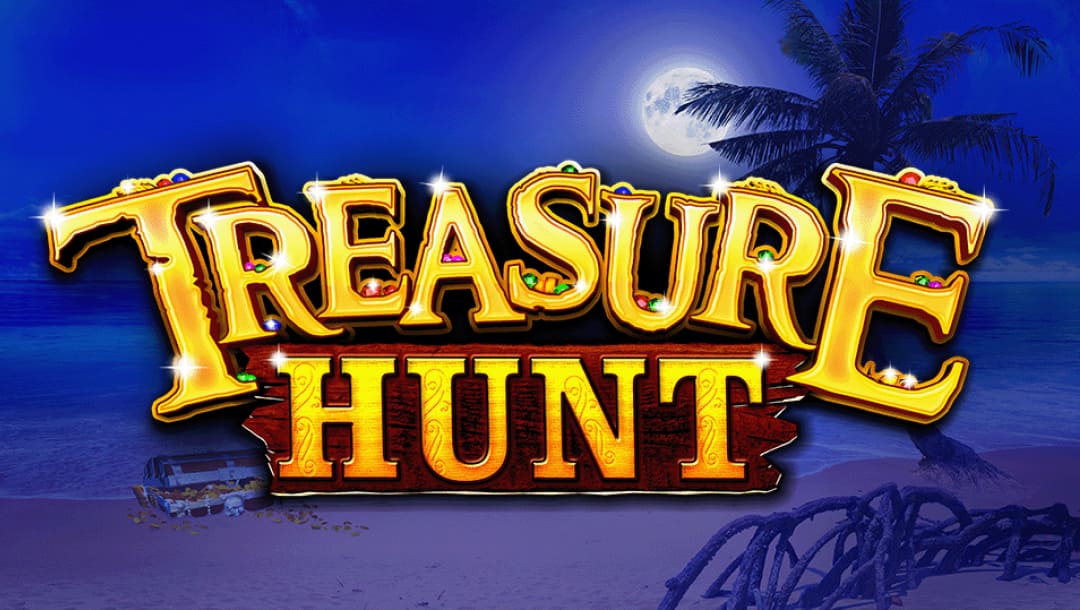 Treasure Hunt online slot game logo, with a beach background featuring a palm tree, a treasure box, and a moon in the sky.