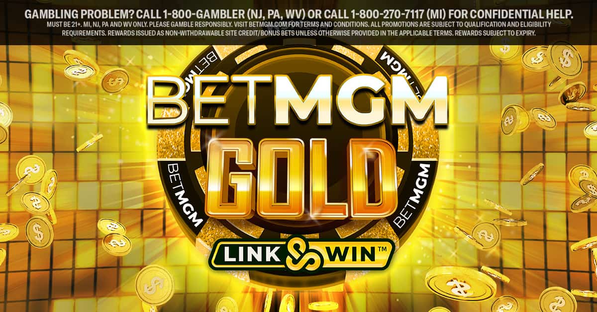 BetMGM Gold Casino online slot logo in gold, black and white. The background displays gold coins and a tiled gold wall.
