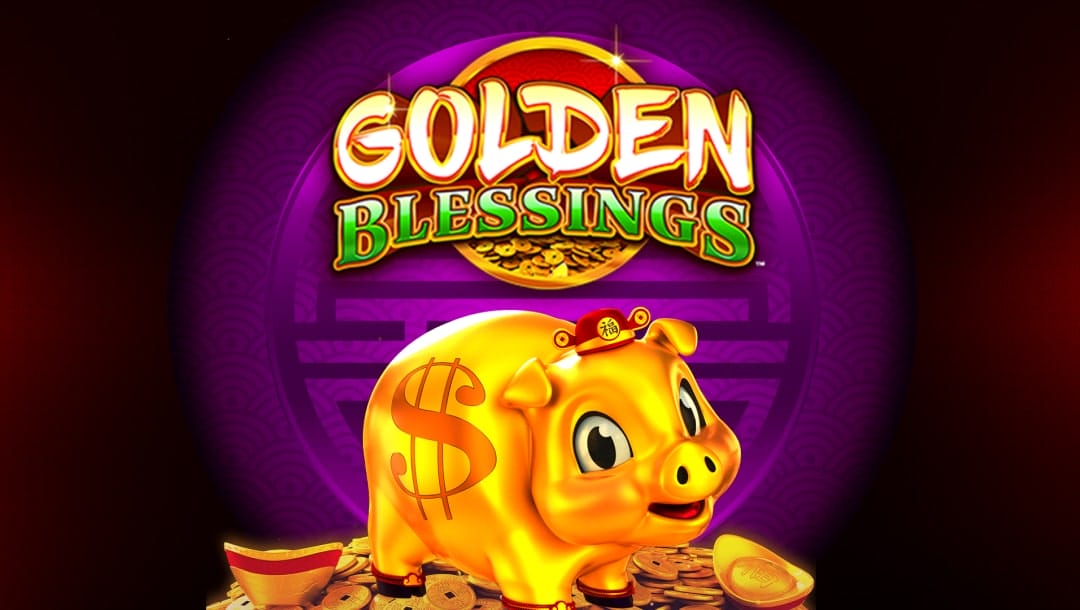 Golden Blessings online slot game loading screen, featuring the game logo, and a golden piggy bank.