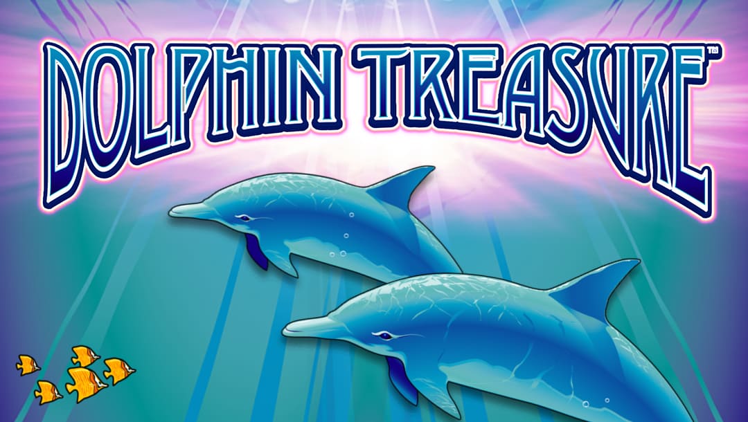 Dolphin Treasure is an online slot in blue, black, and white font. Below the logo, there are dolphins and yellow fish. The background has purple and blue hues.