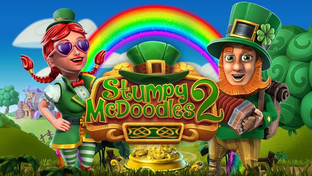 The title screen for Stumpy McDoodles 2, featuring Stumpy and Penny McDoodles on either side of the game logo, with a pot of gold in front of them and a rainbow over a cartoon landscape behind them.