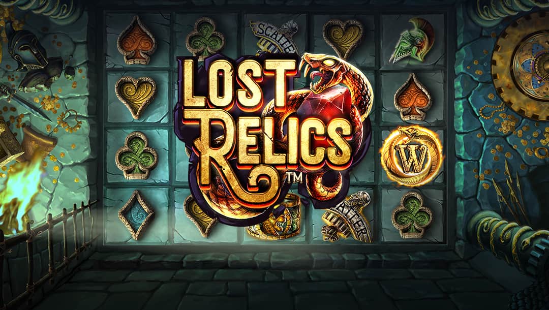 The Lost Relics online slot logo is in gold, with a snake surrounding a red gemstone. The background shows the reels with ancient ruins.