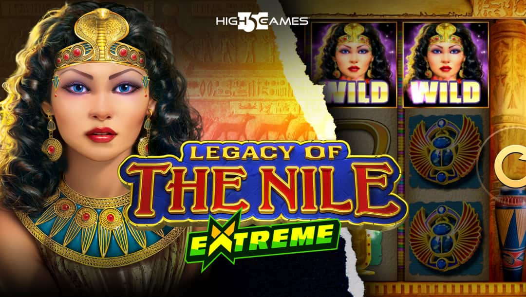 The title screen for Legacy of the Nile Extreme; The background is split in two, one half featuring Cleopatra with a wall adorned with hieroglyphics behind her, and the other half featuring a portion of the game’s slot reels.