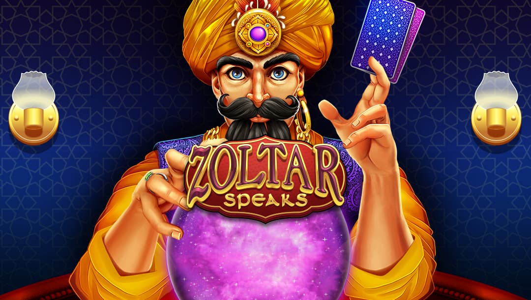 The title screen for Zoltar Speaks, featuring Zoltar with one hand on a purple crystal ball and tarot cards in the other; A blue wall with fine star details and two lights make up the background.