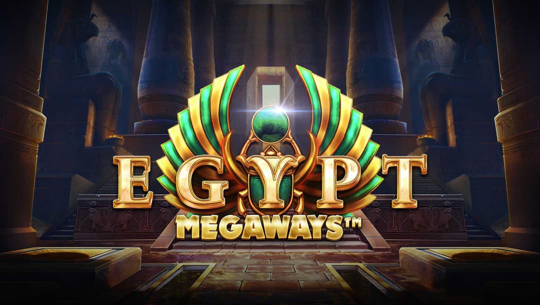 The title screen for Egypt Megaways, featuring the game title in bold, golden lettering with an emerald and gold beetle ornament behind it, a dimly lit Egyptian temple is in the background.