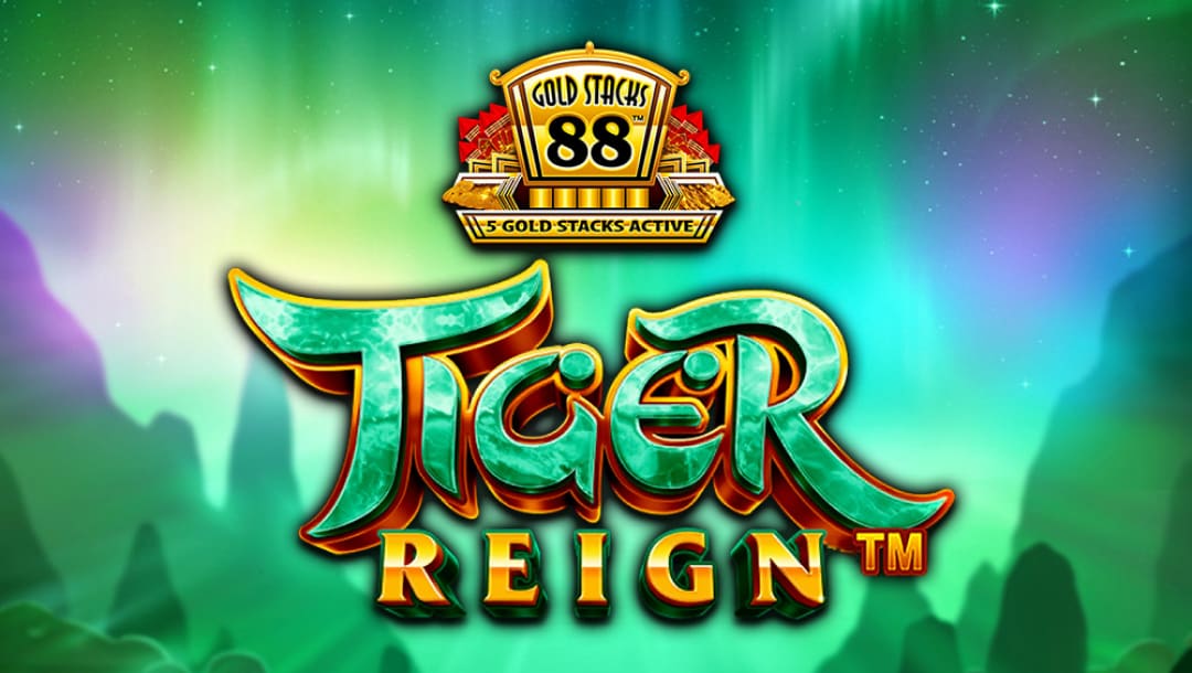 Gold Stacks 88 Tiger Reign online slot in green and gold with the Gold Stacks 88 logo in gold, black and red. The background shows the Northern Lights phenomenon with purple, green, and yellow hues.