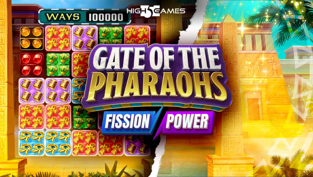 Gate of the Pharaohs online slot logo in gold, white, and purple. The background shows the game’s colorful reels and a sandstone temple with palm trees and gold dust in the sky.