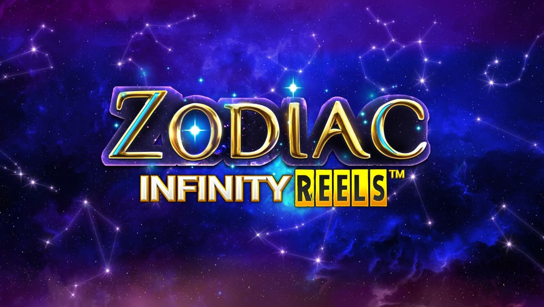 Zodiac Infinity Reels logo in gold, silver and black. The background contains a purple and blue galaxy with connecting stars to show the zodiac region.