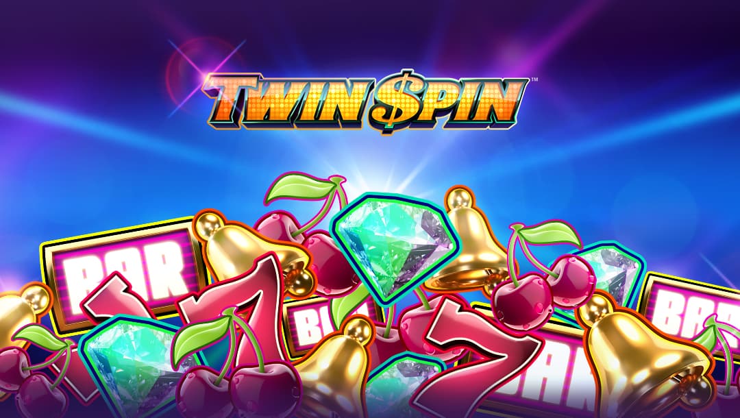 Twin Spin online slot logo in gold and black above a pile of classic slot symbols such as cherries, diamonds, bells, and a neon BAR symbol. The background is neon blue and purple.