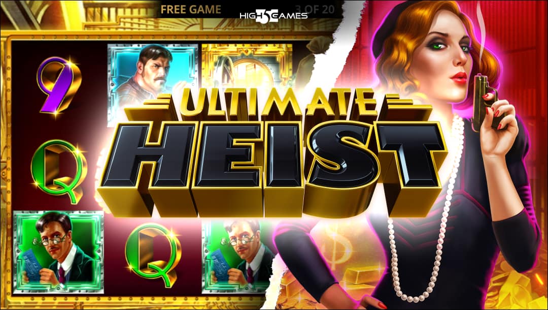 The Ultimate Heist online slot game loading screen, featuring the game logo, the female shooter character, and the game set up in the background.