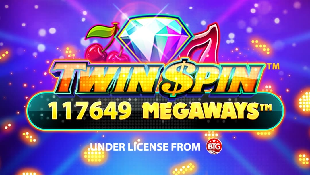 Twin Spin Megaways online slot game loading screen, featuring the game logo, a diamond, cherries, and a red seven.