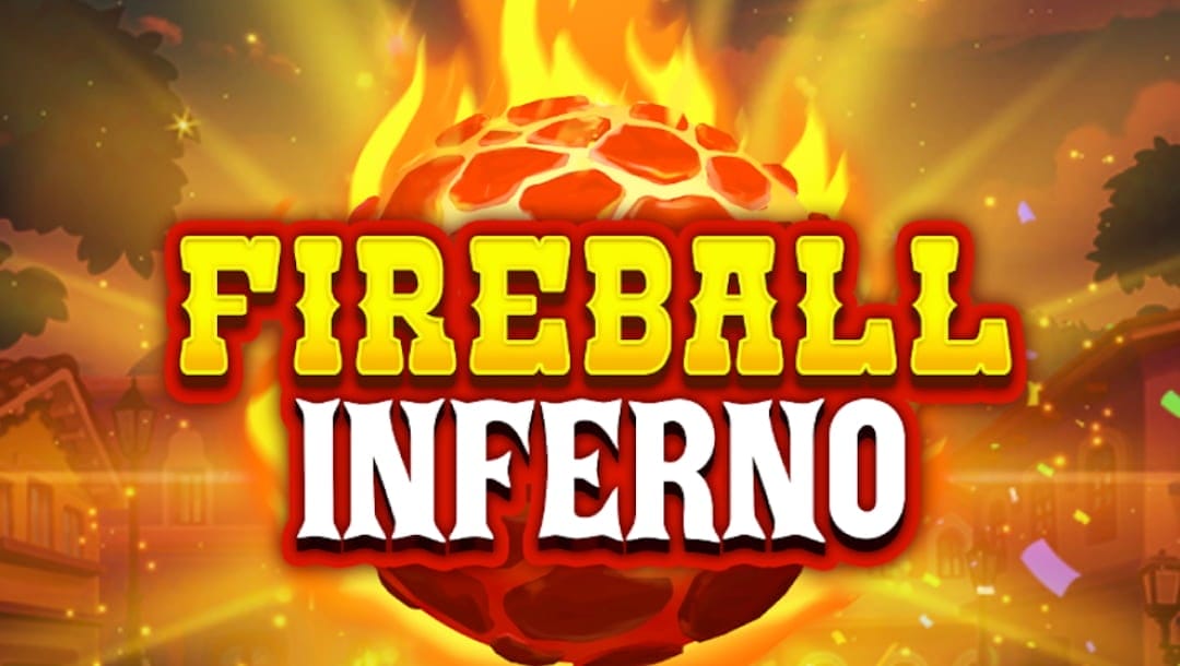 Fireball Inferno online slot game log in gold and white. There is a huge fireball immersed in the logo. The background has orange hues which makes it look like the image is on fire. THere are houses and trees in the background.