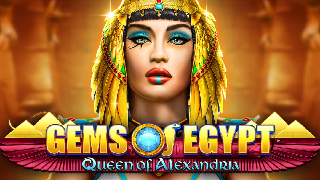 Gems of Egypt - Queen of Alexandria online slot logo in blue and gold. The queen is wearing a gold headpiece with red, turquoise and green gemstones. The background shows the inside of an Egyptian tomb.