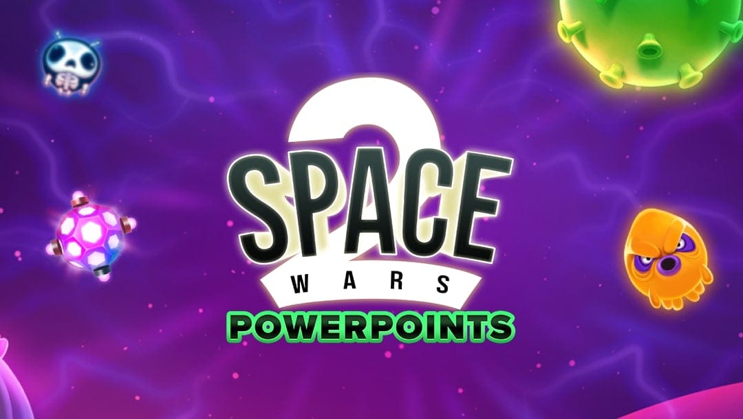 Space Wars 2 Powerpoints online slot logo in black, green, and white. The background is purple, and there are orange, purple, silver, and green alien characters floating around.
