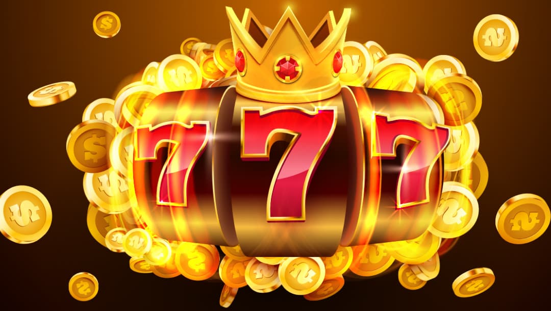 A slot machine reel graphic in red and gold with a crown and gold coins.