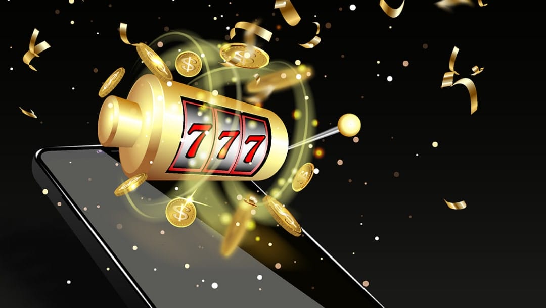A mobile slots concept image featuring a golden, three-reel slot with gold coins and ribbons floating around it, on top of a smartphone against a black background.