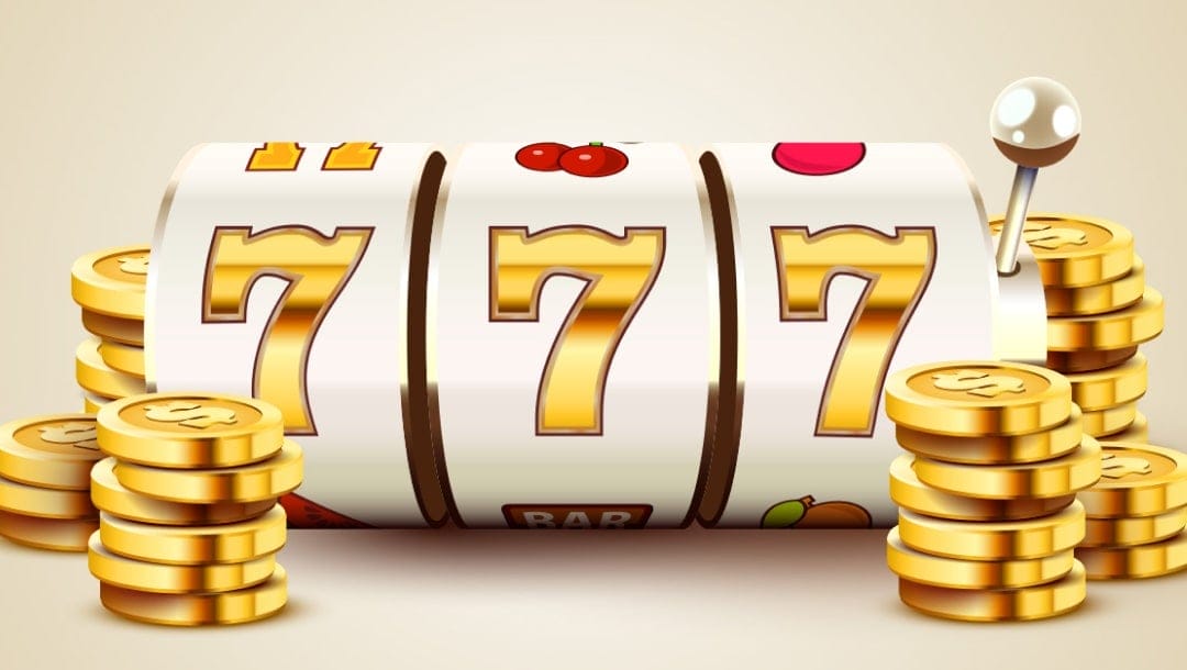 An illustration of a three reel, slingle line slot reel with three golden 7 symbols on it and stacks of gold coins around it.