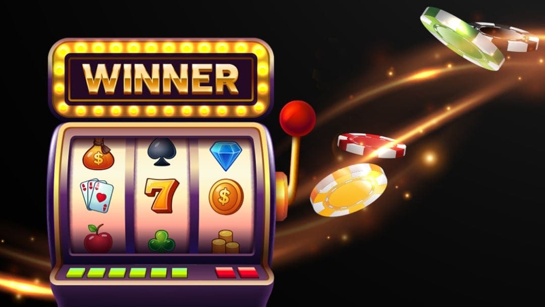 An online slot concept image featuring an illustration of a three-reel casino slot with the word “Winner” above it and casino chips in the background.
