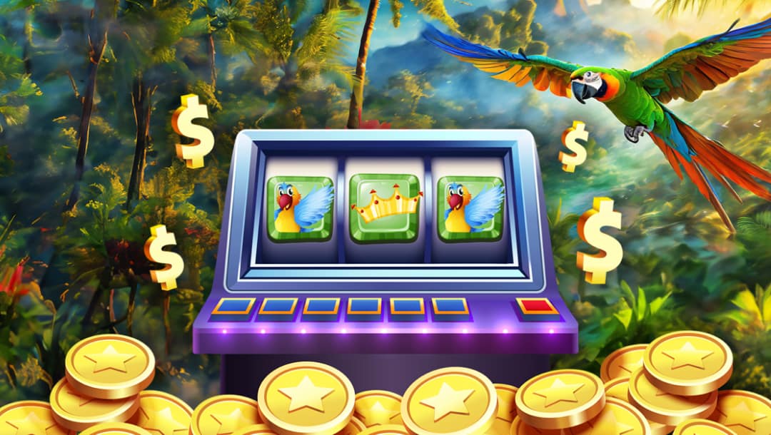 A promotional image for the best animal-themed slots, featuring a small 3-reel cartoon slot machine with two bird symbols on it, a parrot flying next to it, and gold coins and dollar symbols surrounding it, all on a jungle background.